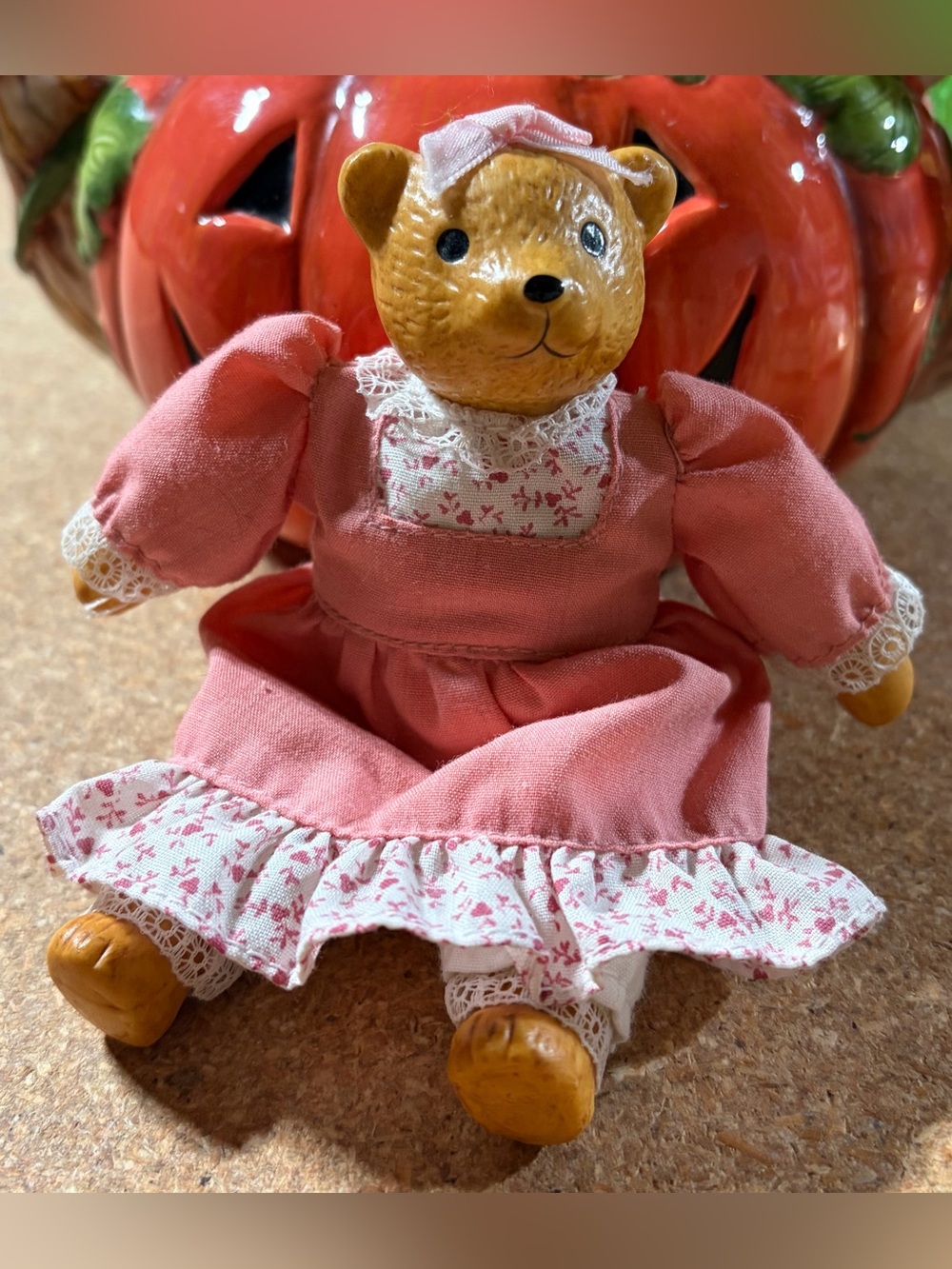 Vintage 1990s Mini Porcelain Teddy Bear Doll Russ Berrie Pink Dress 5”